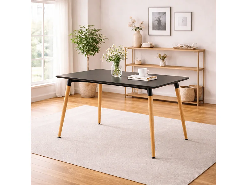 Table style scandinave 120x80cm plateau noir et pieds en bois massif