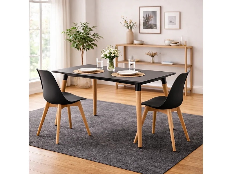 Table style scandinave 120x80cm plateau noir et pieds en bois massif