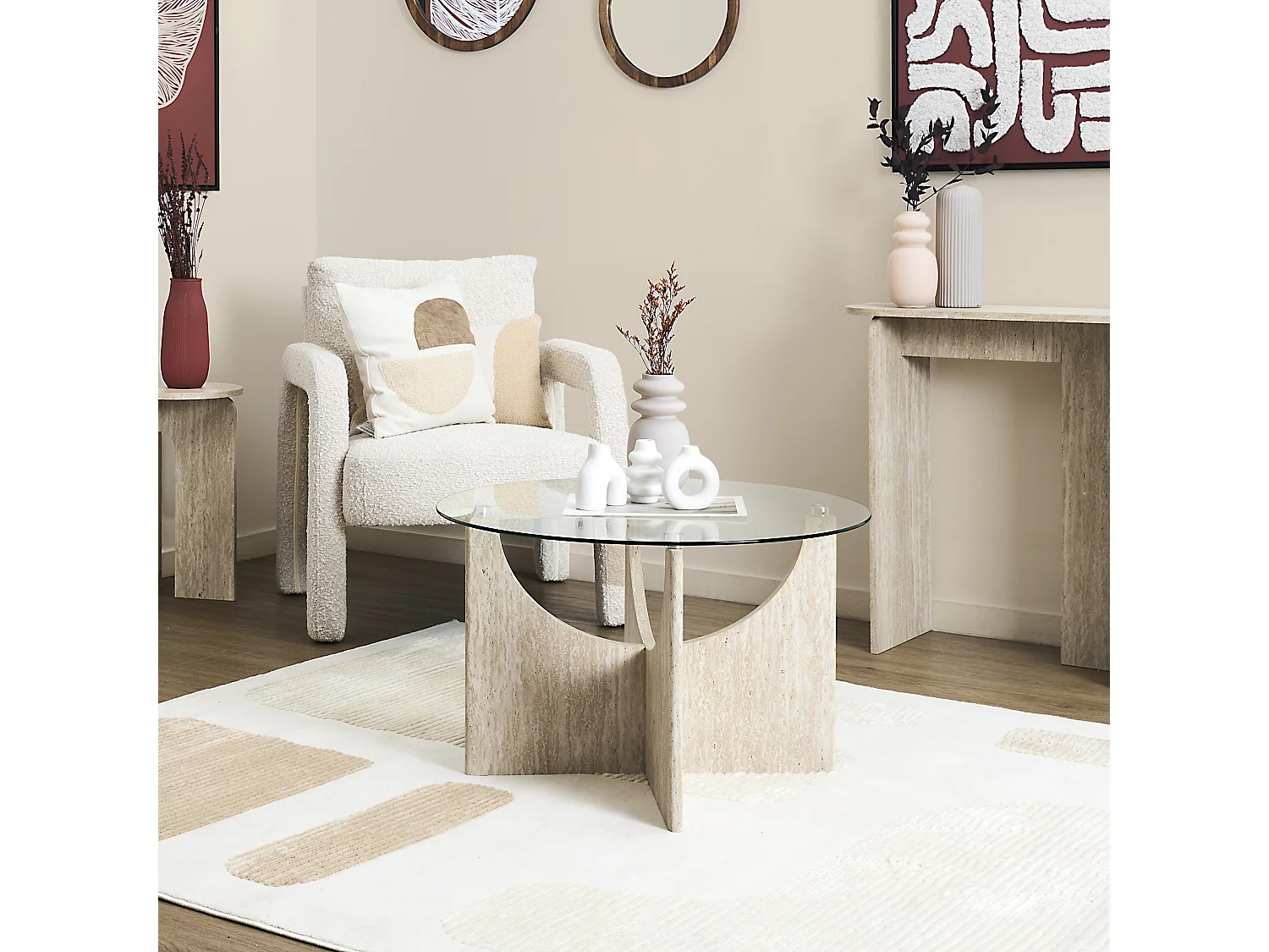 Table Basse Ronde Verre Pietra D70cm Blanc, Beige