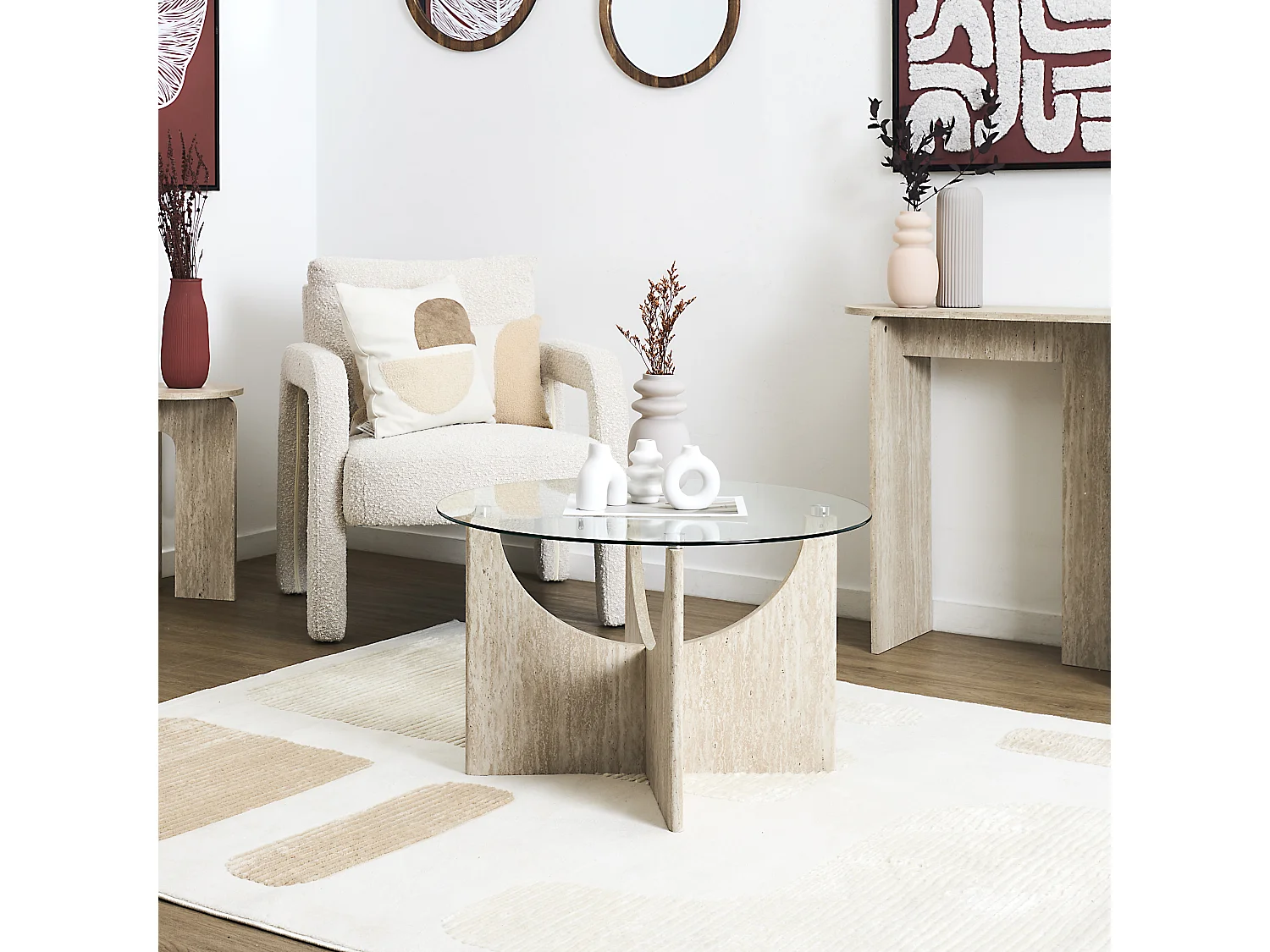 Table Basse Ronde Verre Pietra D70cm Blanc, Beige