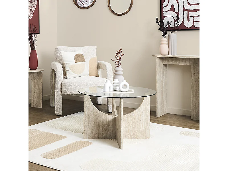 Table Basse Ronde Verre Pietra D70cm Blanc, Beige