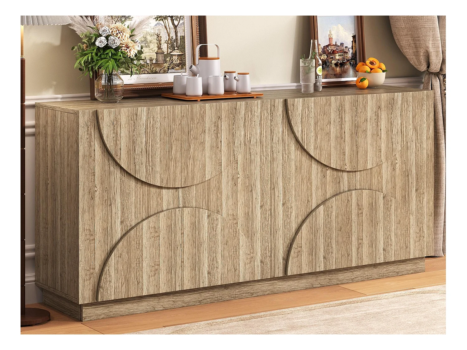 Buffet 160x40x80cm - avec 4 portes - avec étagères - aspect bois - Panneaux de particules - Naturel
