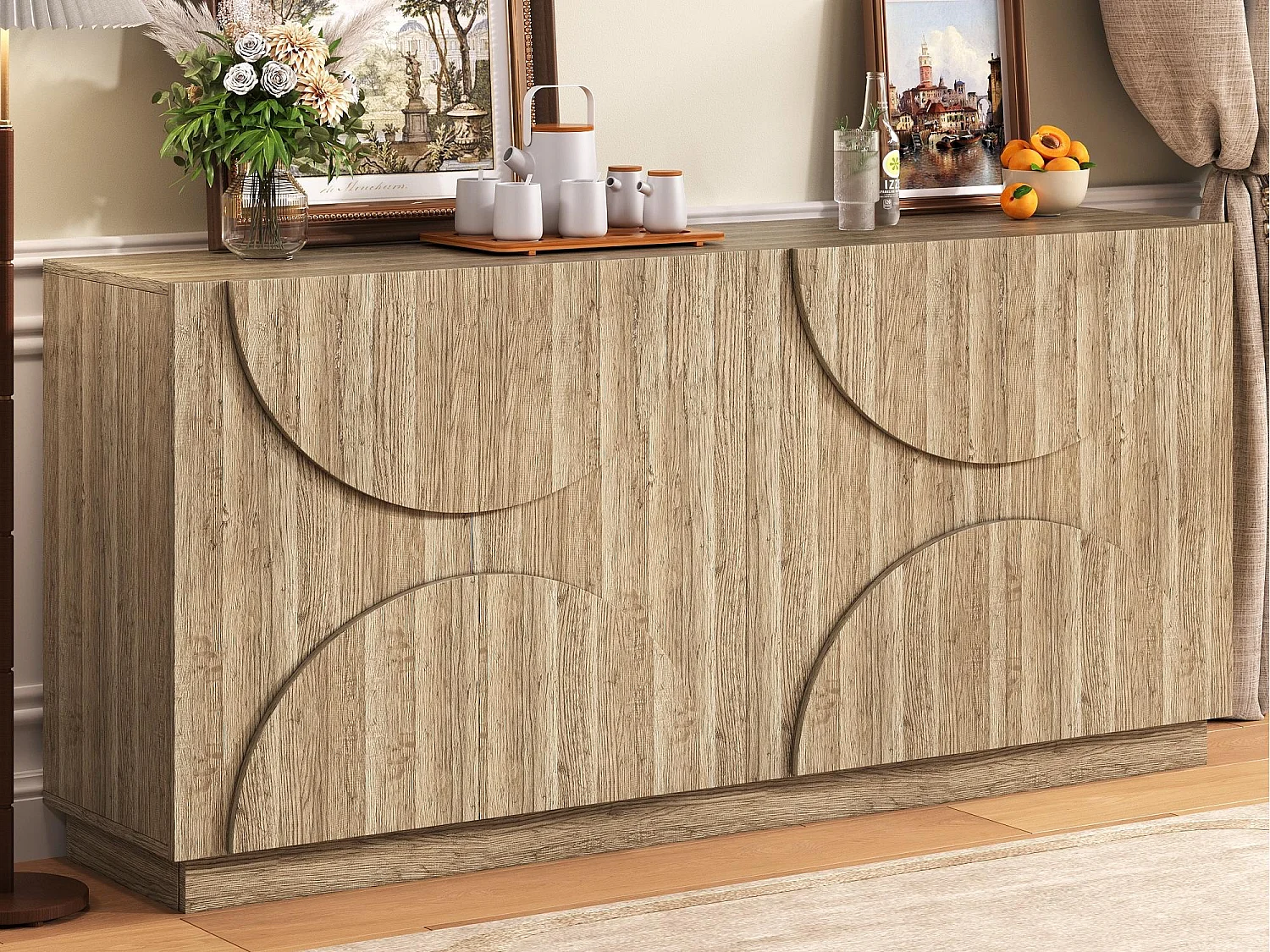 Buffet 160x40x80cm - avec 4 portes - avec étagères - aspect bois - Panneaux de particules - Naturel