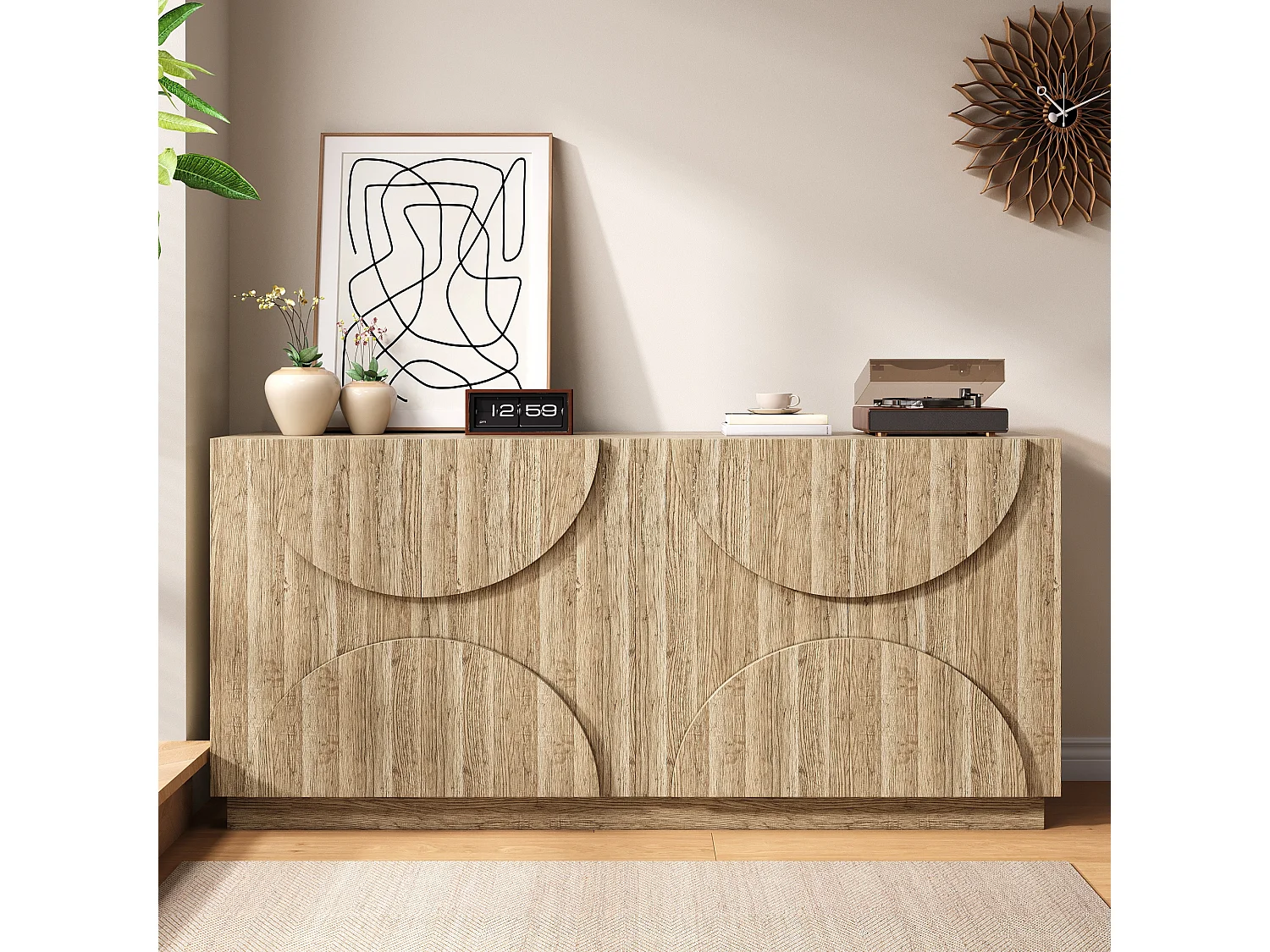 Buffet 160x40x80cm - avec 4 portes - avec étagères - aspect bois - Panneaux de particules - Naturel