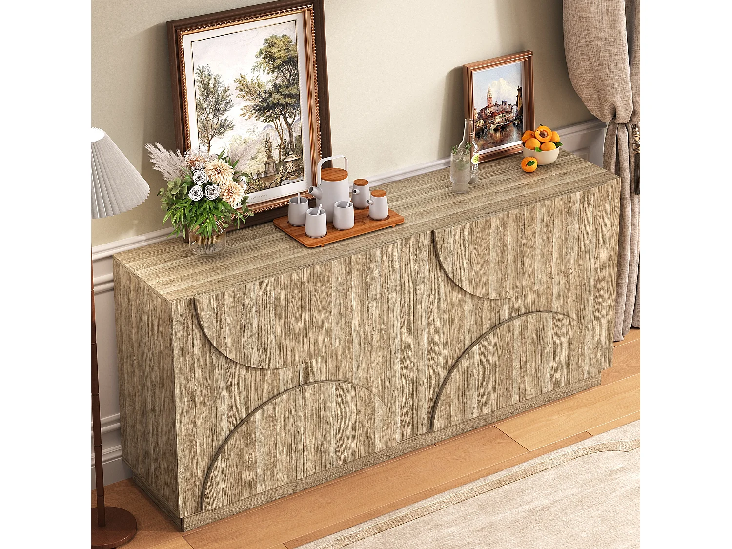 Buffet 160x40x80cm - avec 4 portes - avec étagères - aspect bois - Panneaux de particules - Naturel