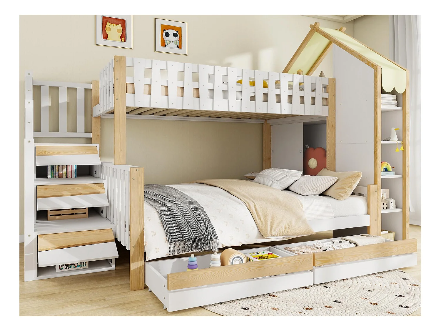 Lit superposé 90x200cm + 140x200cm - avec échelle - 2 tiroirs - avec rangements - Blanc + Naturel