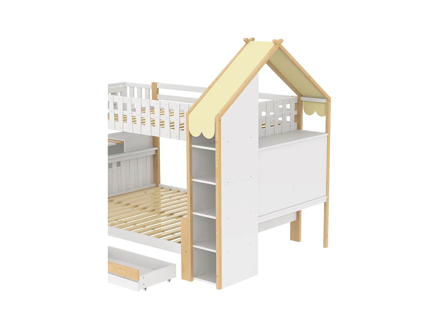 Litera 90x200cm + 140x200cm - con escalera - 2 cajones - con almacenamiento - Blanco + Natural