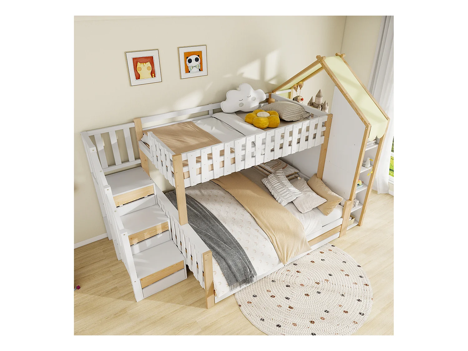 Litera 90x200cm + 140x200cm - con escalera - 2 cajones - con almacenamiento - Blanco + Natural