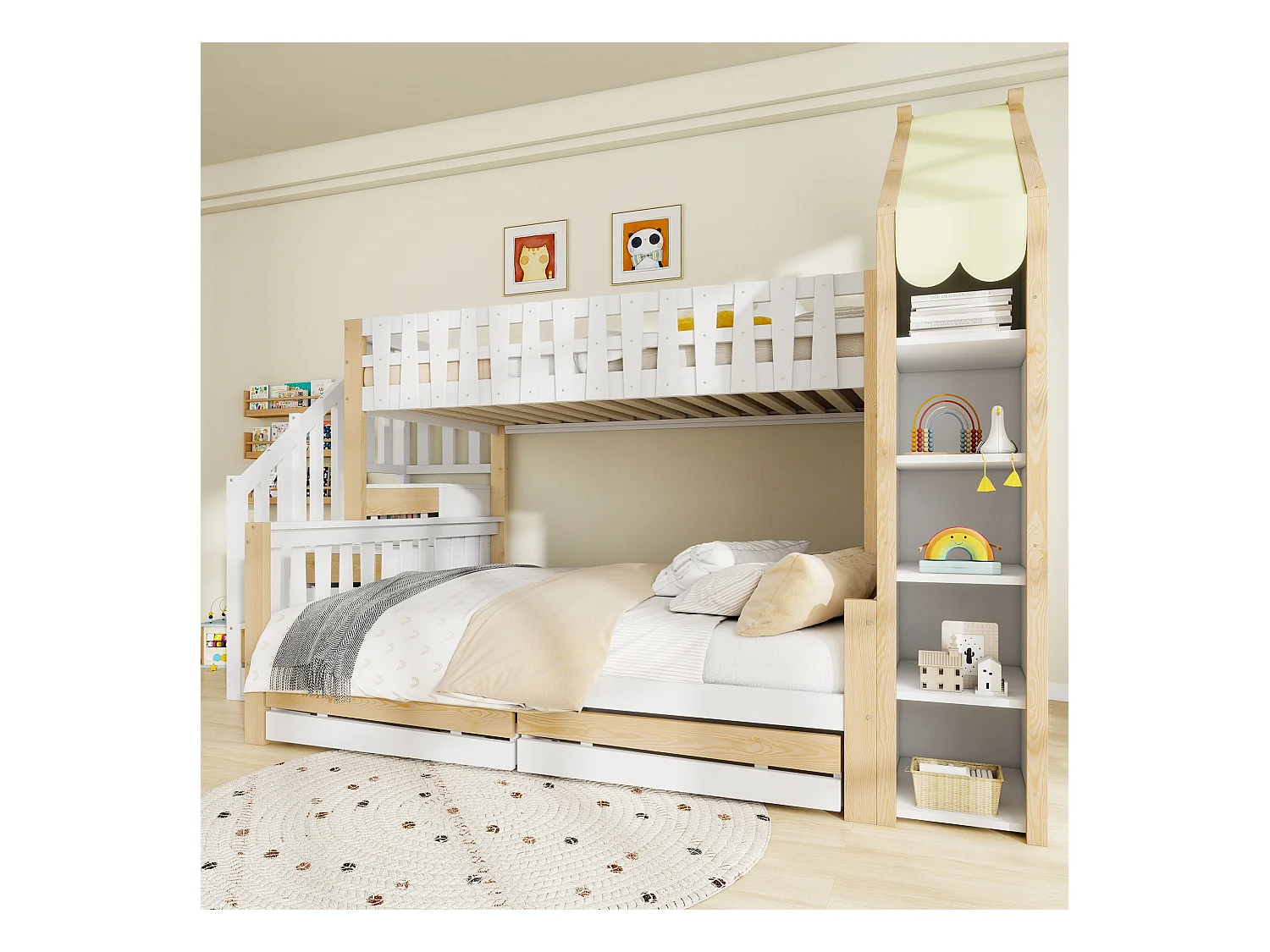 Litera 90x200cm + 140x200cm - con escalera - 2 cajones - con almacenamiento - Blanco + Natural