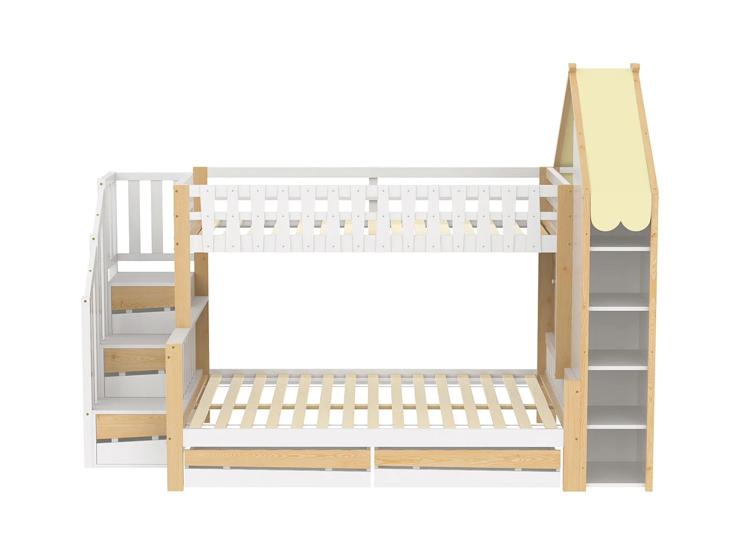 Litera 90x200cm + 140x200cm - con escalera - 2 cajones - con almacenamiento - Blanco + Natural