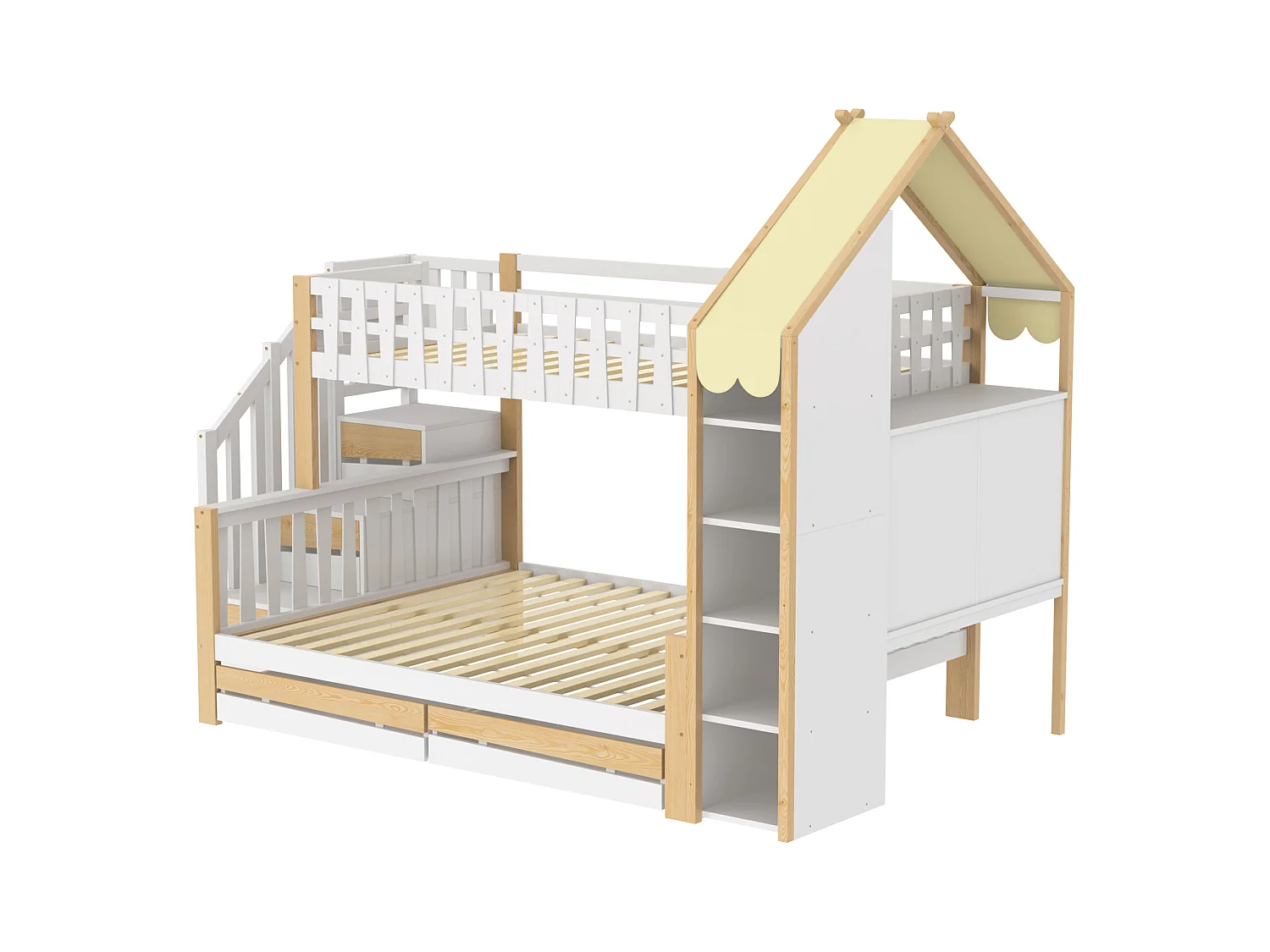 Litera 90x200cm + 140x200cm - con escalera - 2 cajones - con almacenamiento - Blanco + Natural