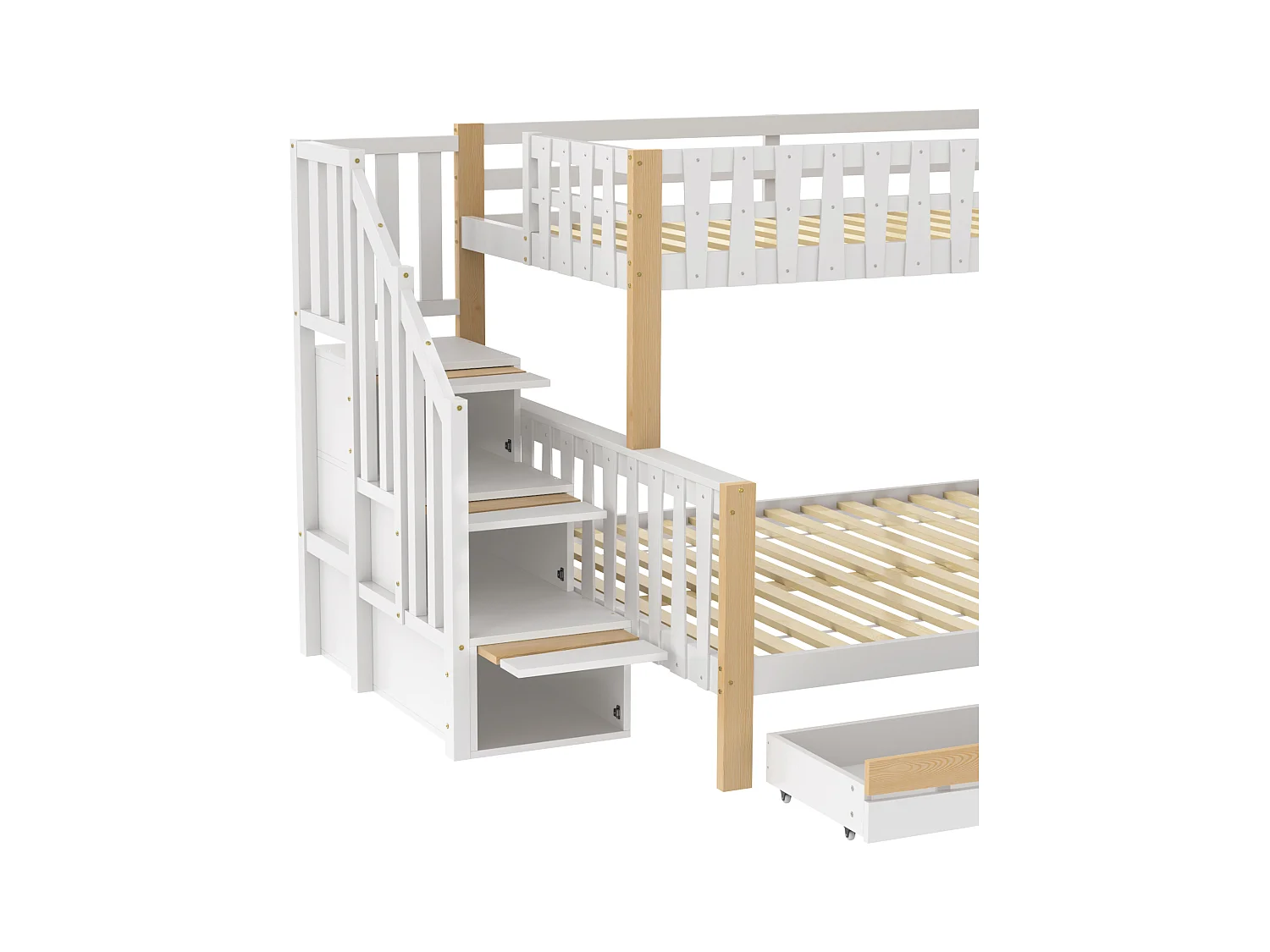 Litera 90x200cm + 140x200cm - con escalera - 2 cajones - con almacenamiento - Blanco + Natural