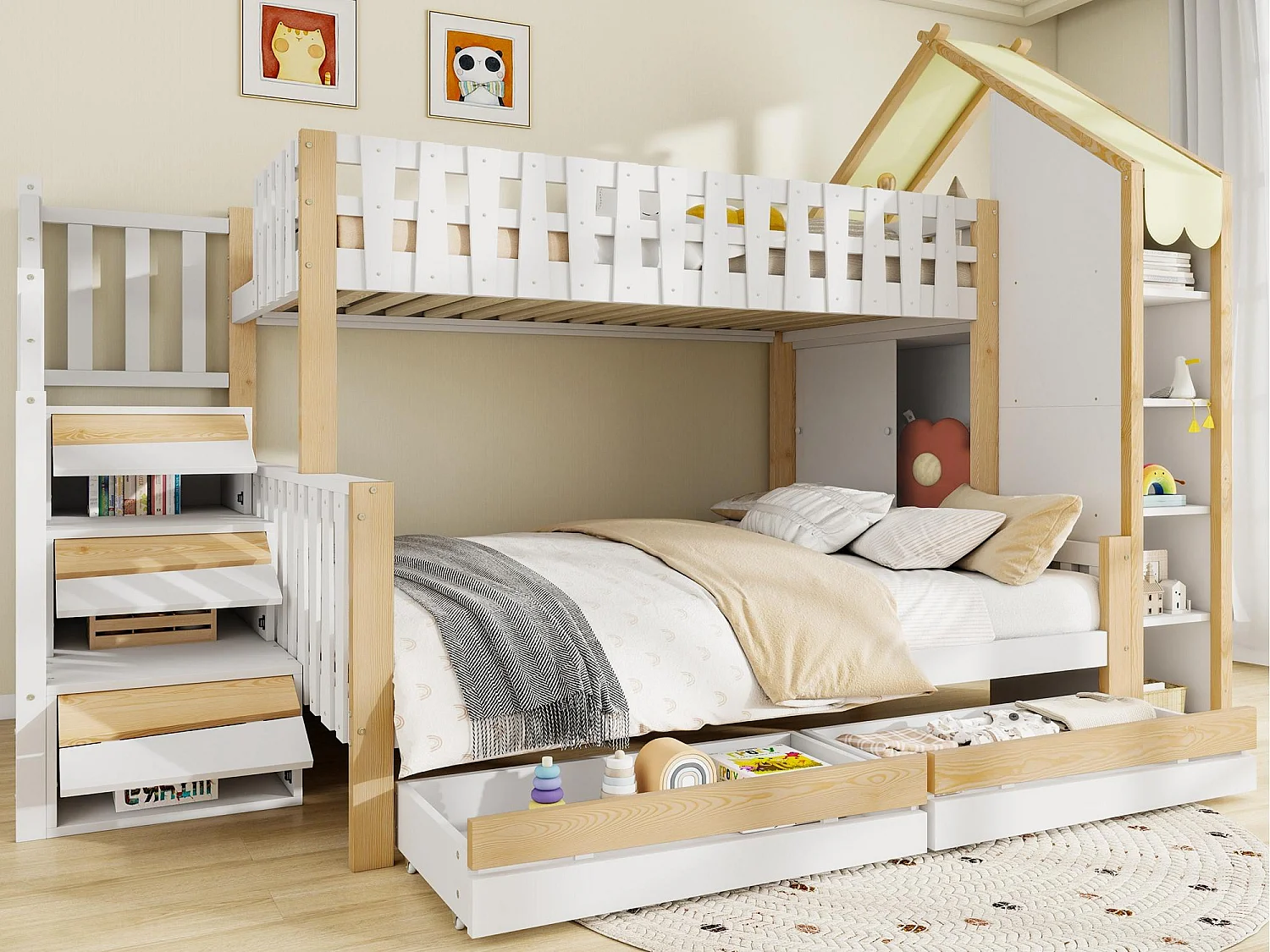 Lit superposé 90x200cm + 140x200cm - avec échelle - 2 tiroirs - avec rangements - Blanc + Naturel