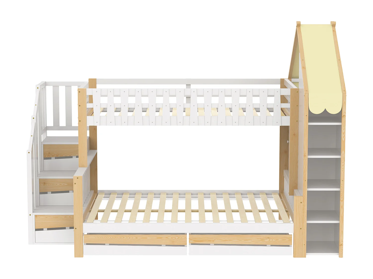 Lit superposé 90x200cm + 140x200cm - avec échelle - 2 tiroirs - avec rangements - Blanc + Naturel
