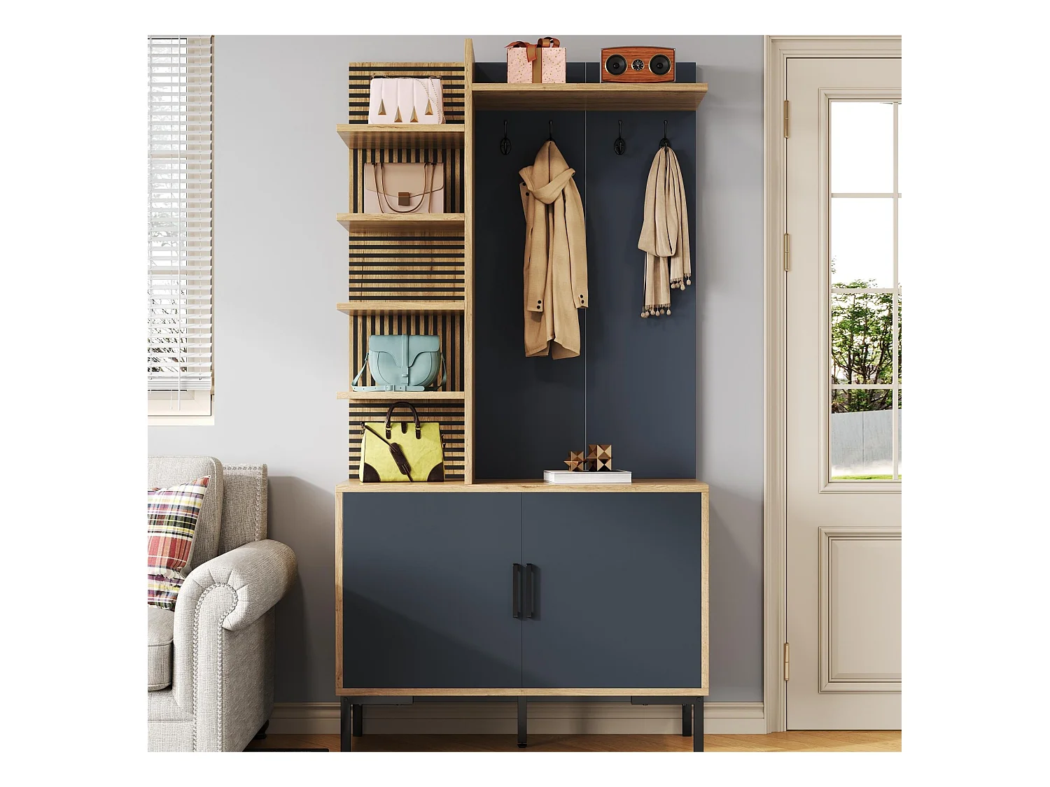 Kleiderständer-Set für den Eingangsbereich 100x38.5x190.5 cm - mit Haken - 2 Türen - Verstellbare Regale - Natur