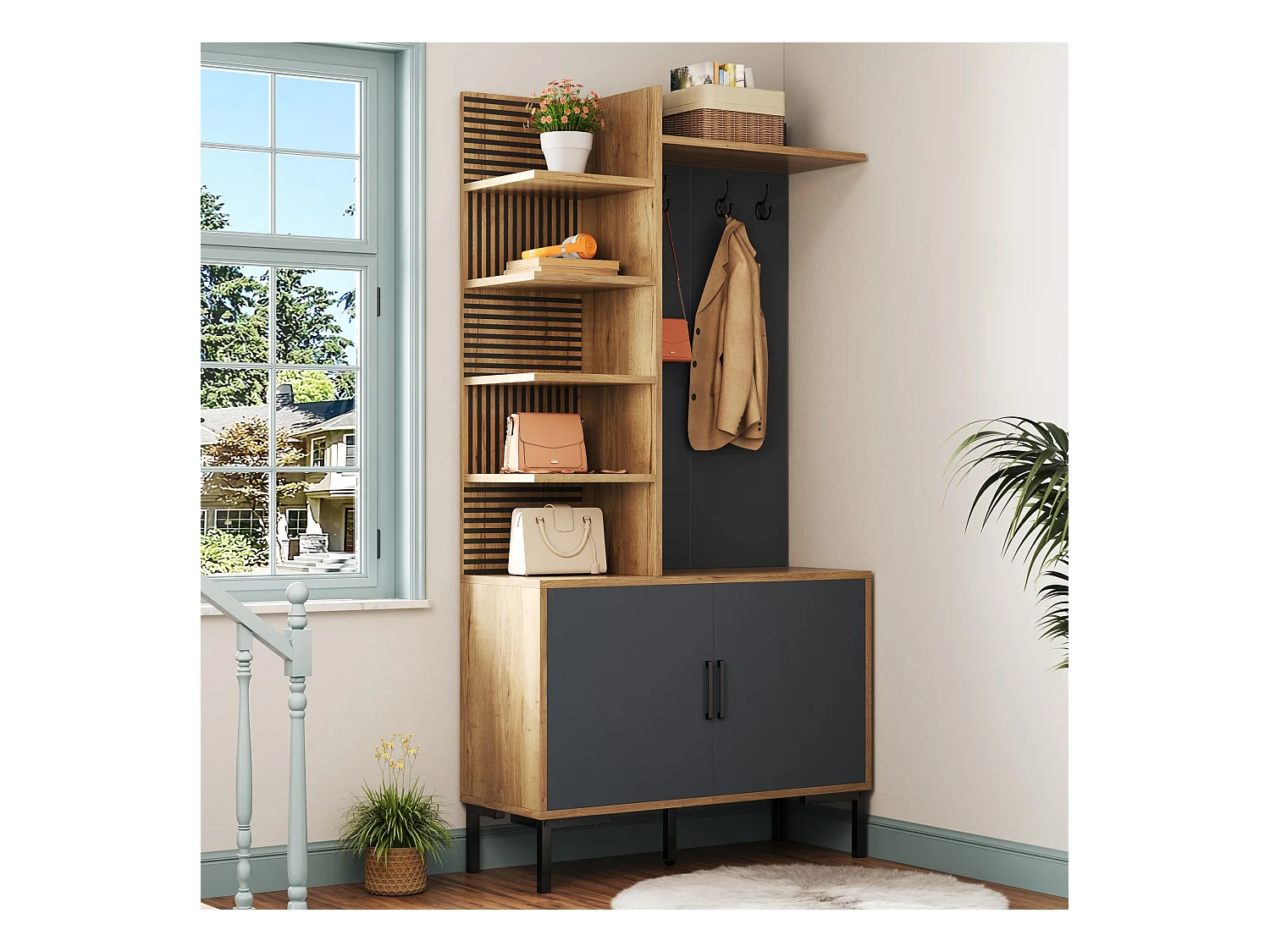 Kleiderständer-Set für den Eingangsbereich 100x38.5x190.5 cm - mit Haken - 2 Türen - Verstellbare Regale - Natur