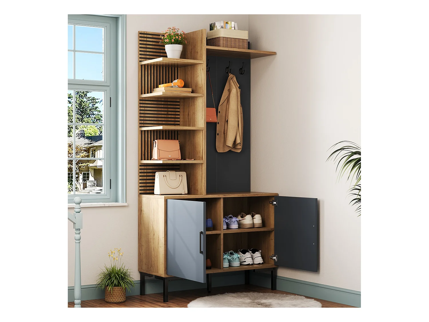 Kleiderständer-Set für den Eingangsbereich 100x38.5x190.5 cm - mit Haken - 2 Türen - Verstellbare Regale - Natur