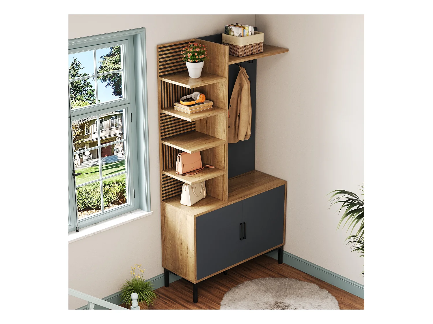 Kleiderständer-Set für den Eingangsbereich 100x38.5x190.5 cm - mit Haken - 2 Türen - Verstellbare Regale - Natur