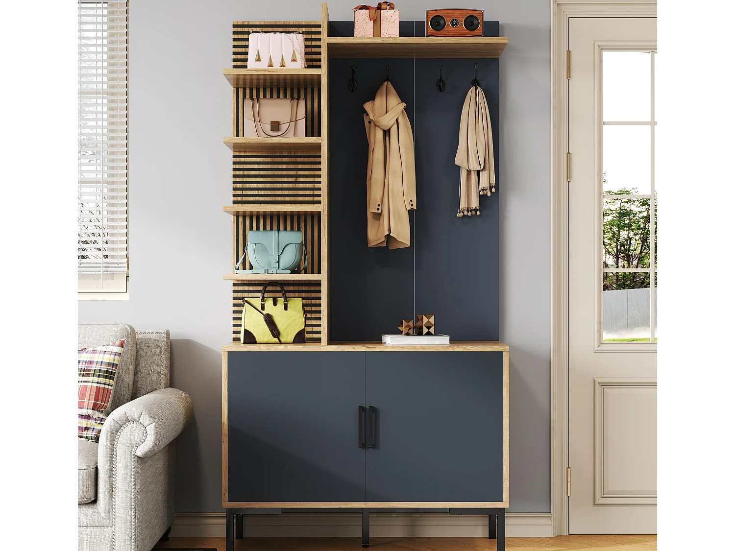 Ensemble vestiaire d'entrée 100x38.5x190.5 cm - avec crochets - 2 portes - Étagères réglables - Naturel