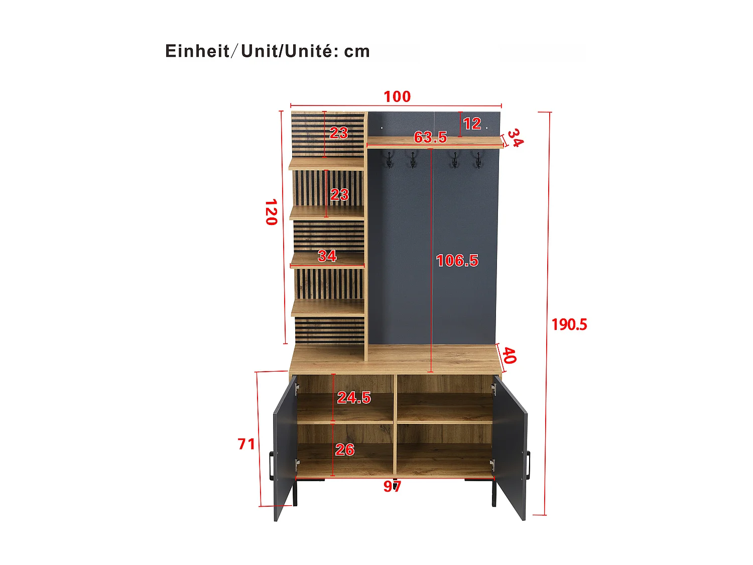 Ensemble vestiaire d'entrée 100x38.5x190.5 cm - avec crochets - 2 portes - Étagères réglables - Naturel