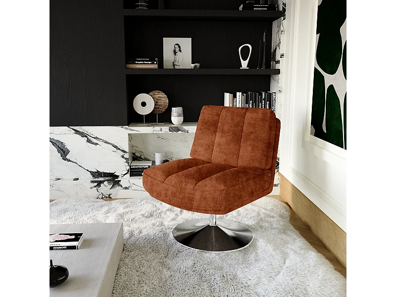 Fauteuil de salon pivotant pied chrome velours texturé terracotta TIMELESS
