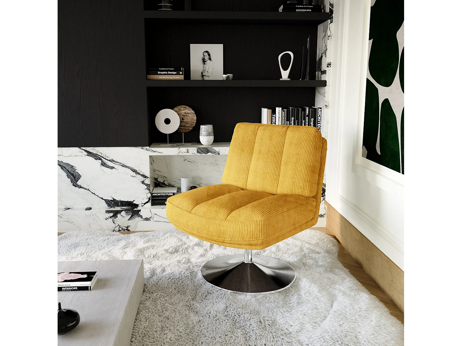 Fauteuil de salon pivotant pied chrome velours côtelé jaune rétro TIMELESS