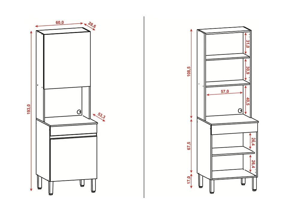 Colonne de Cuisine Micro-Onde Blanc 2 Portes 5 Niches L 60 H 193 P 53.5 cm