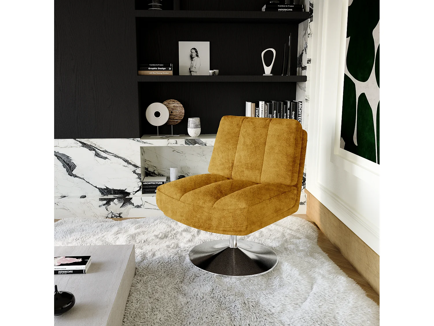 Fauteuil de salon pivotant pied chrome velours texturé moutarde TIMELESS