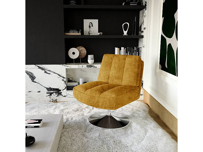 Fauteuil de salon pivotant pied chrome velours texturé moutarde TIMELESS
