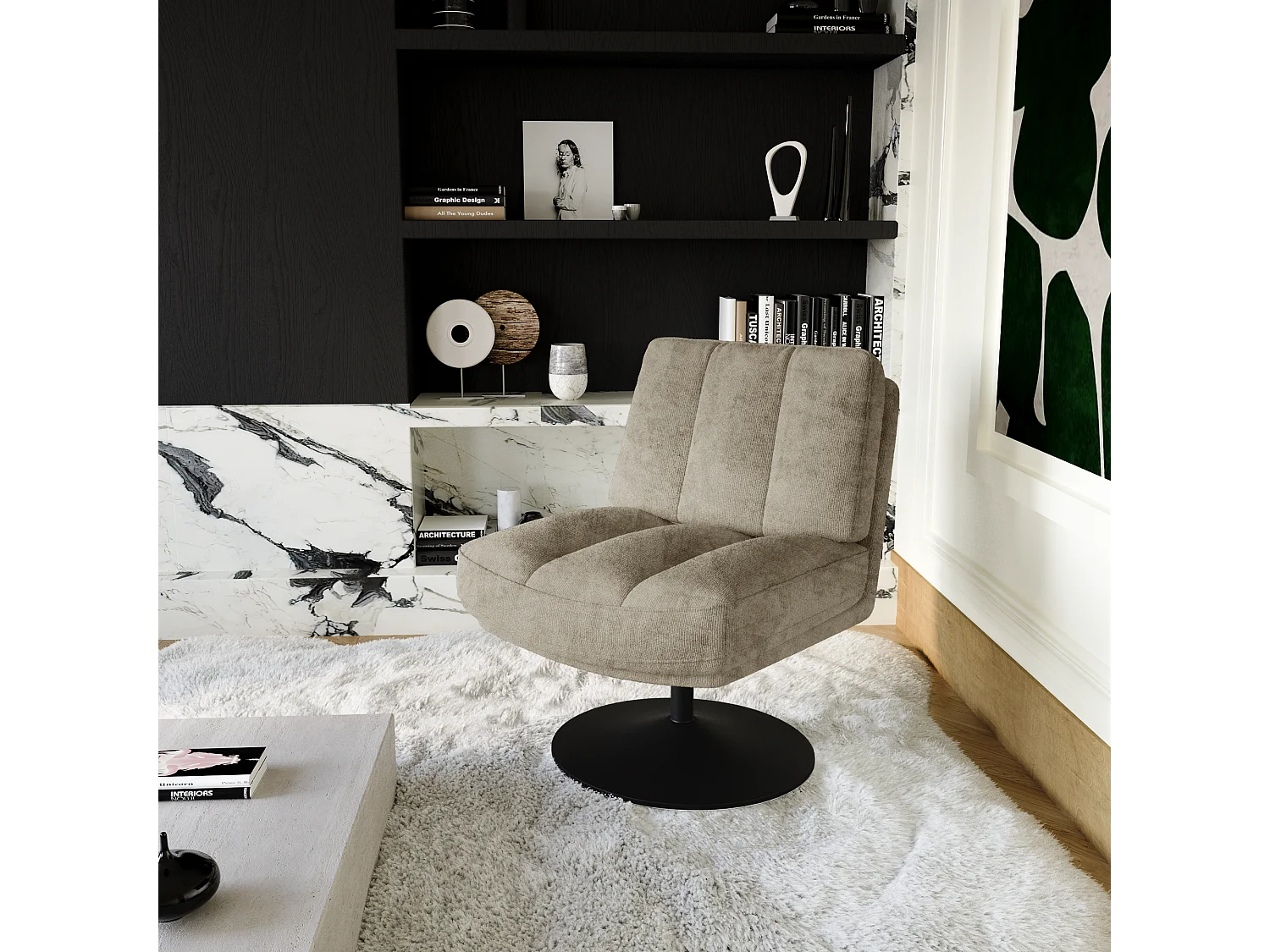 Fauteuil de salon pivotant pied noir velours texturé taupe TIMELESS