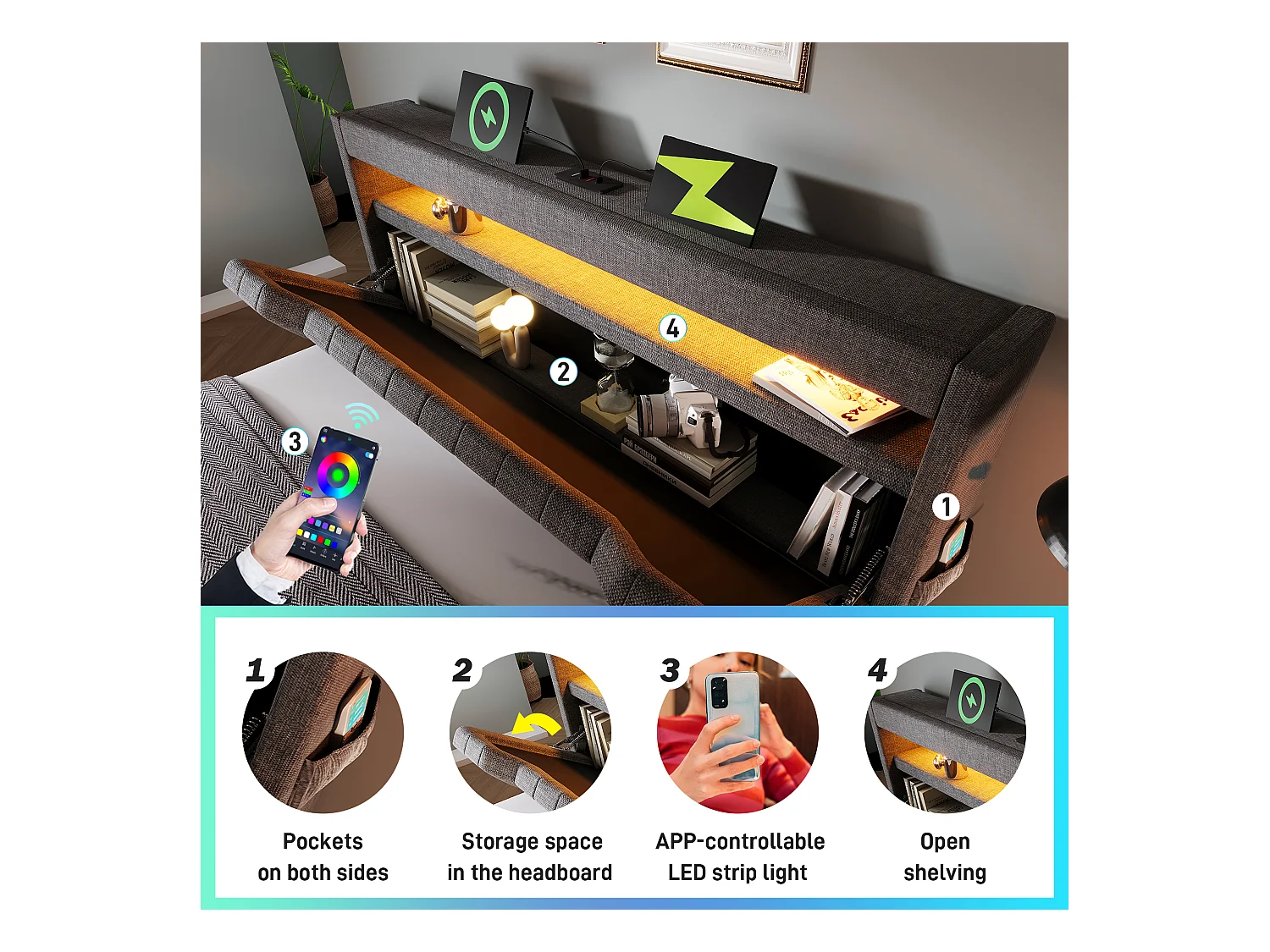 Lit coffre capitonné 180x200cm - avec LED - avec ports USB et Type-C - tissu en Lin - tête de lit avec espace de rangement - Gris