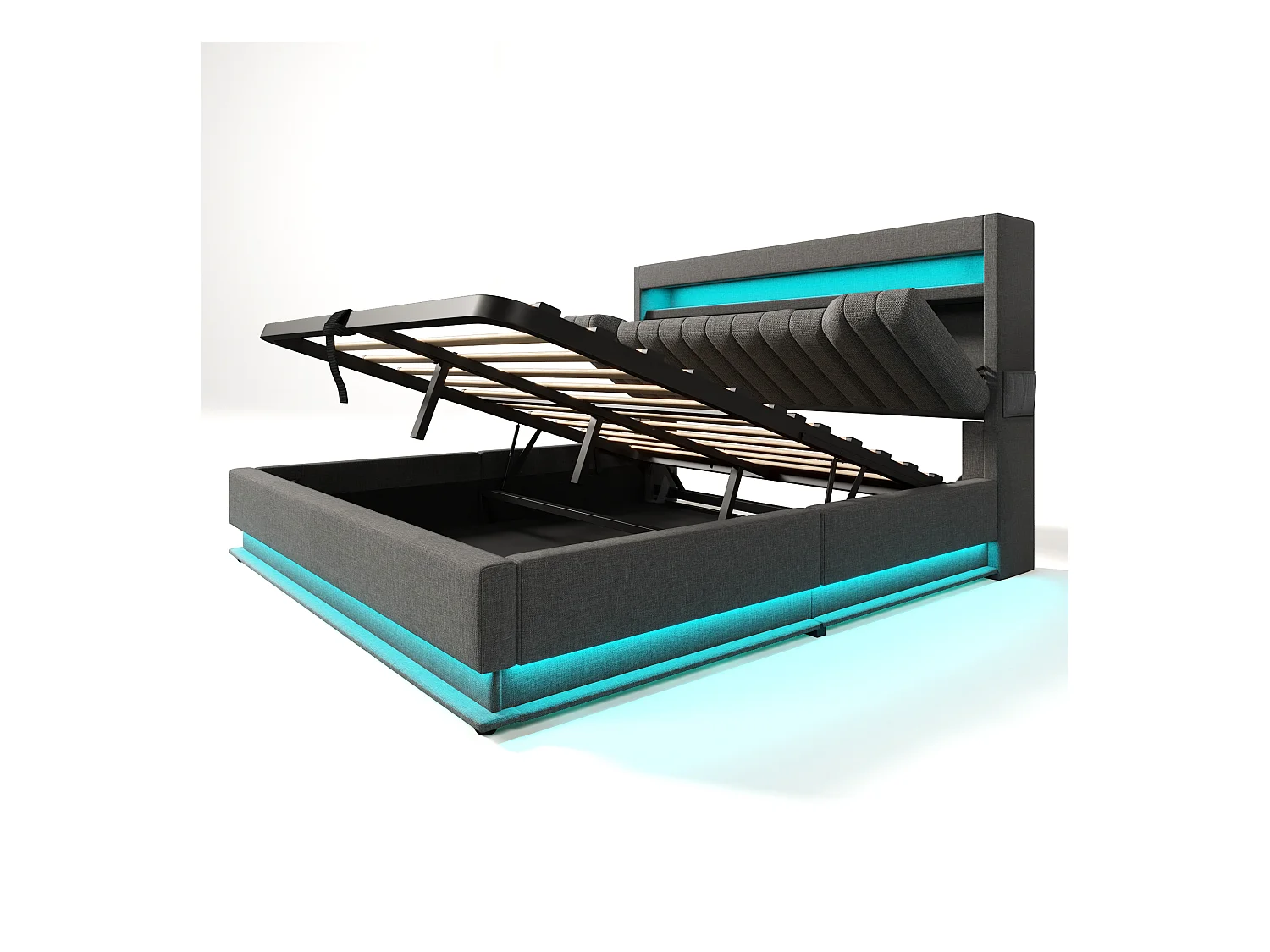Lit coffre capitonné 180x200cm - avec LED - avec ports USB et Type-C - tissu en Lin - tête de lit avec espace de rangement - Gris