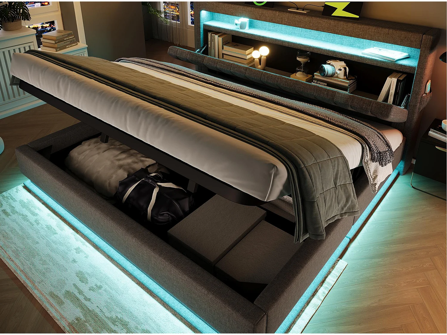 Lit coffre capitonné 180x200cm - avec LED - avec ports USB et Type-C - tissu en Lin - tête de lit avec espace de rangement - Gris