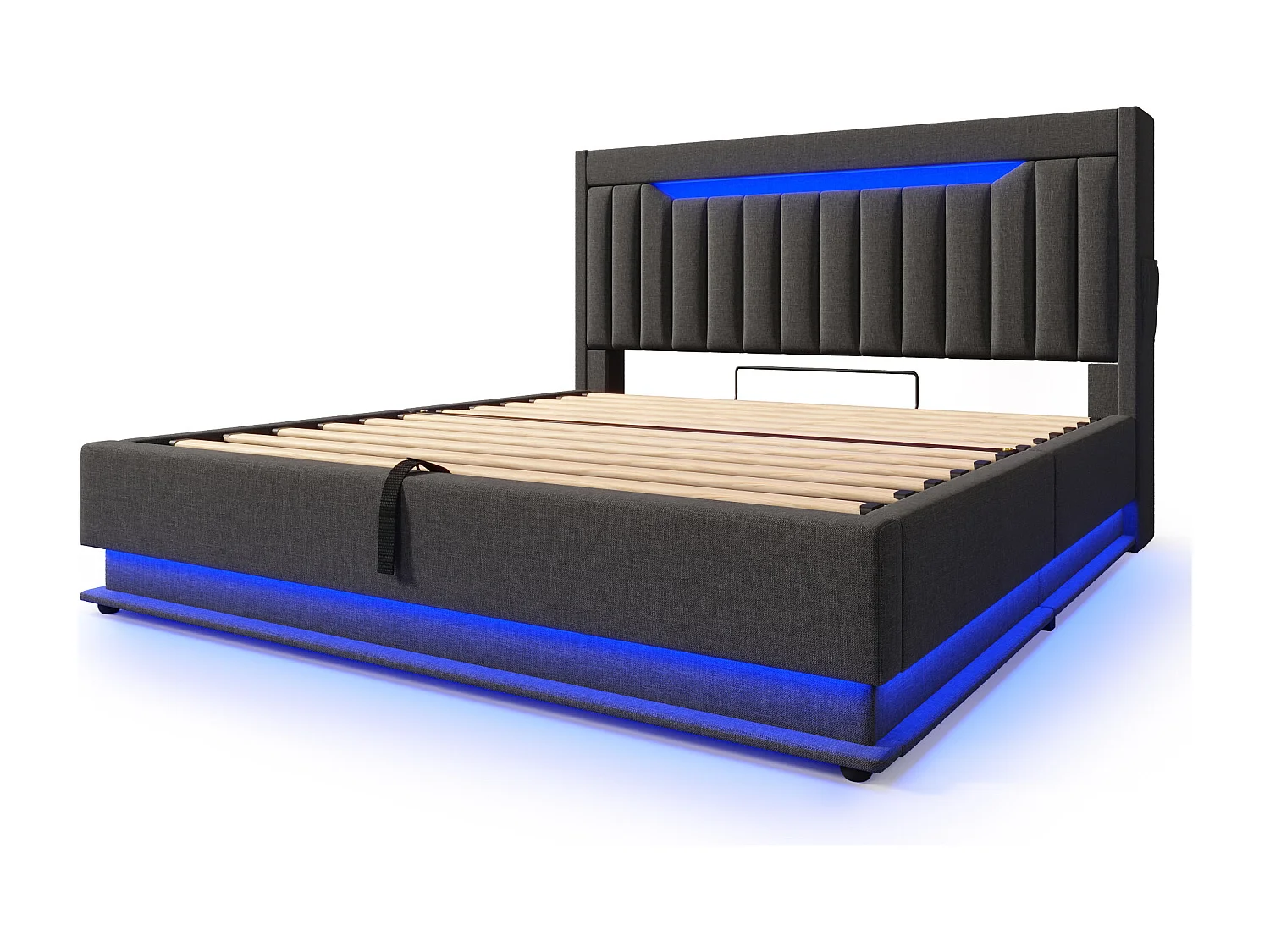Lit coffre capitonné 180x200cm - avec LED - avec ports USB et Type-C - tissu en Lin - tête de lit avec espace de rangement - Gris