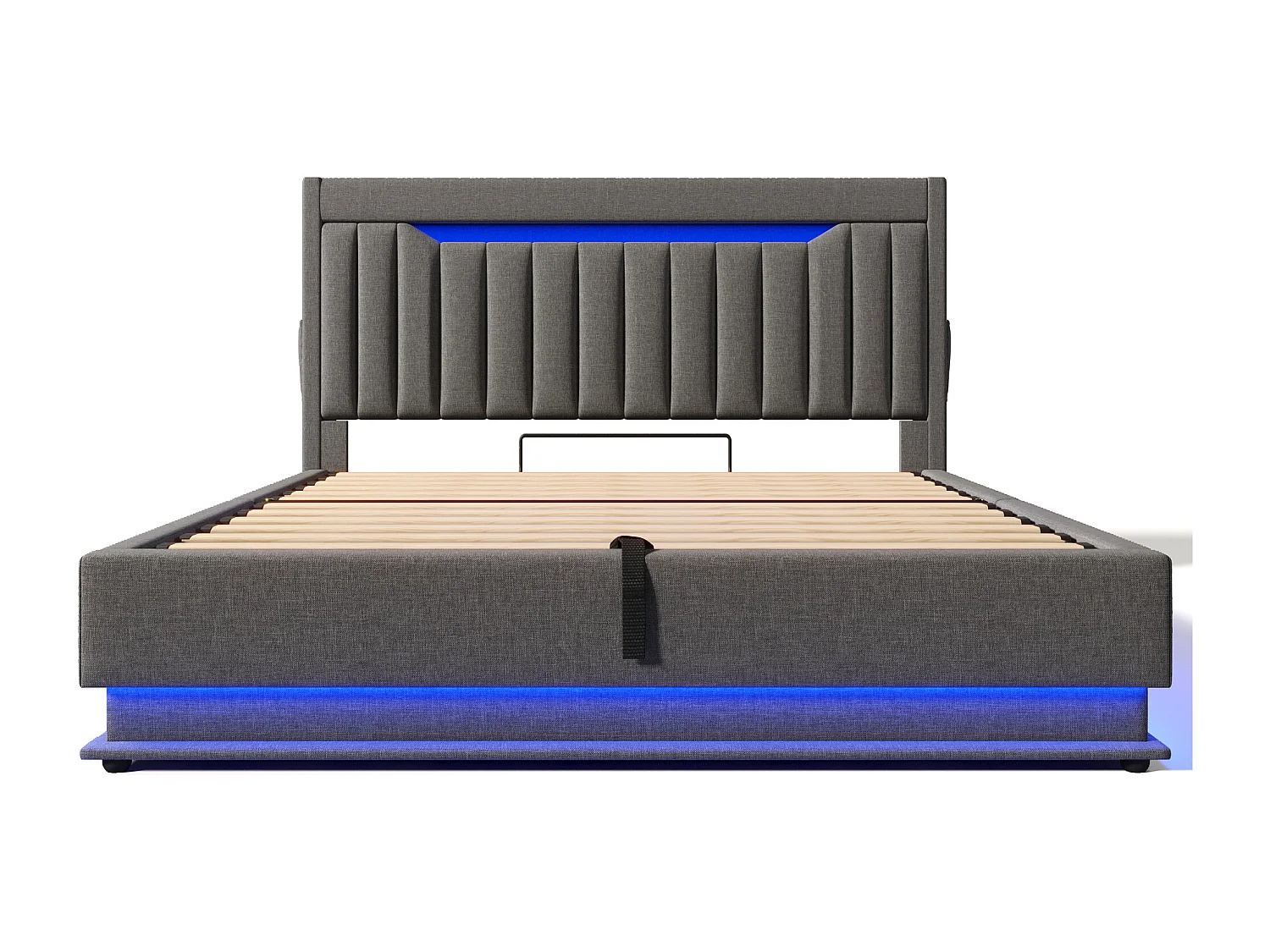 Lit coffre capitonné 180x200cm - avec LED - avec ports USB et Type-C - tissu en Lin - tête de lit avec espace de rangement - Gris
