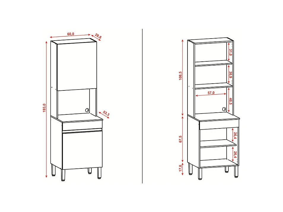 Colonne de Cuisine Micro-Onde Grise 2 Portes 5 Niches L 60 H 193 P 53.5 cm