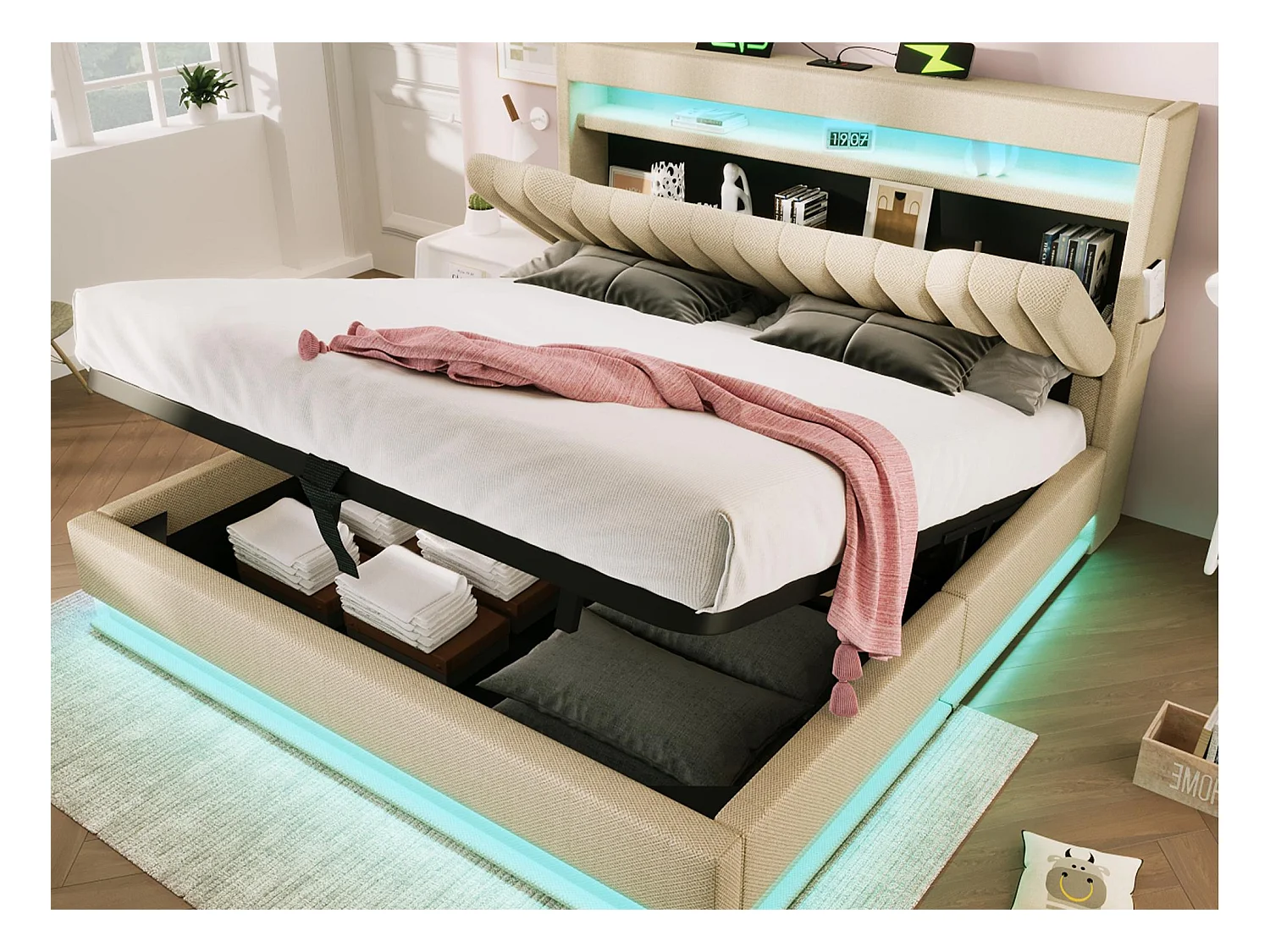 Lit coffre capitonné 140x200cm - avec LED - avec ports USB et Type-C - tissu en Lin - tête de lit avec espace de rangement - Beige