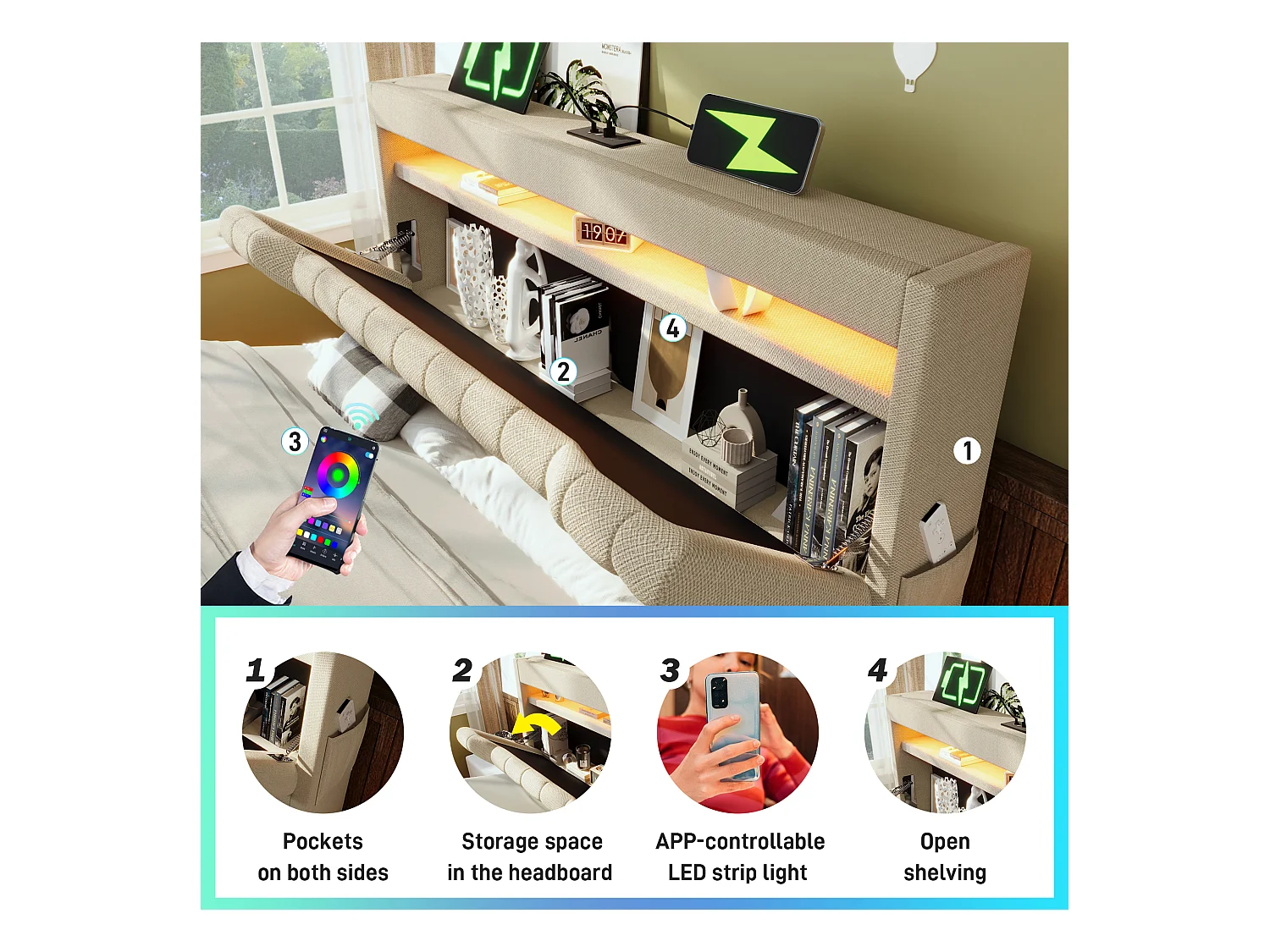 Lit coffre capitonné 140x200cm - avec LED - avec ports USB et Type-C - tissu en Lin - tête de lit avec espace de rangement - Beige