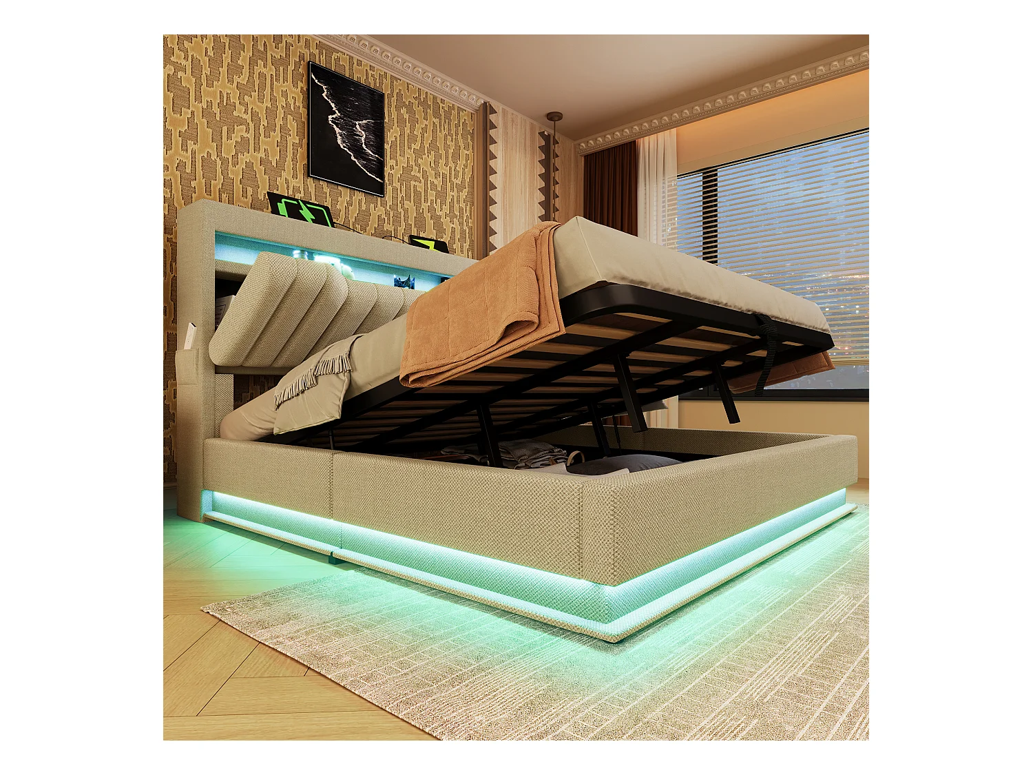 Lit coffre capitonné 140x200cm - avec LED - avec ports USB et Type-C - tissu en Lin - tête de lit avec espace de rangement - Beige