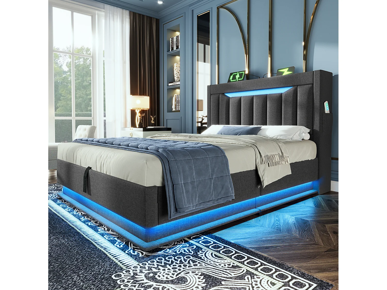 Lit coffre capitonné 90x200cm - avec LED - avec ports USB et Type-C - tissu en Lin - tête de lit avec espace de rangement - Gris