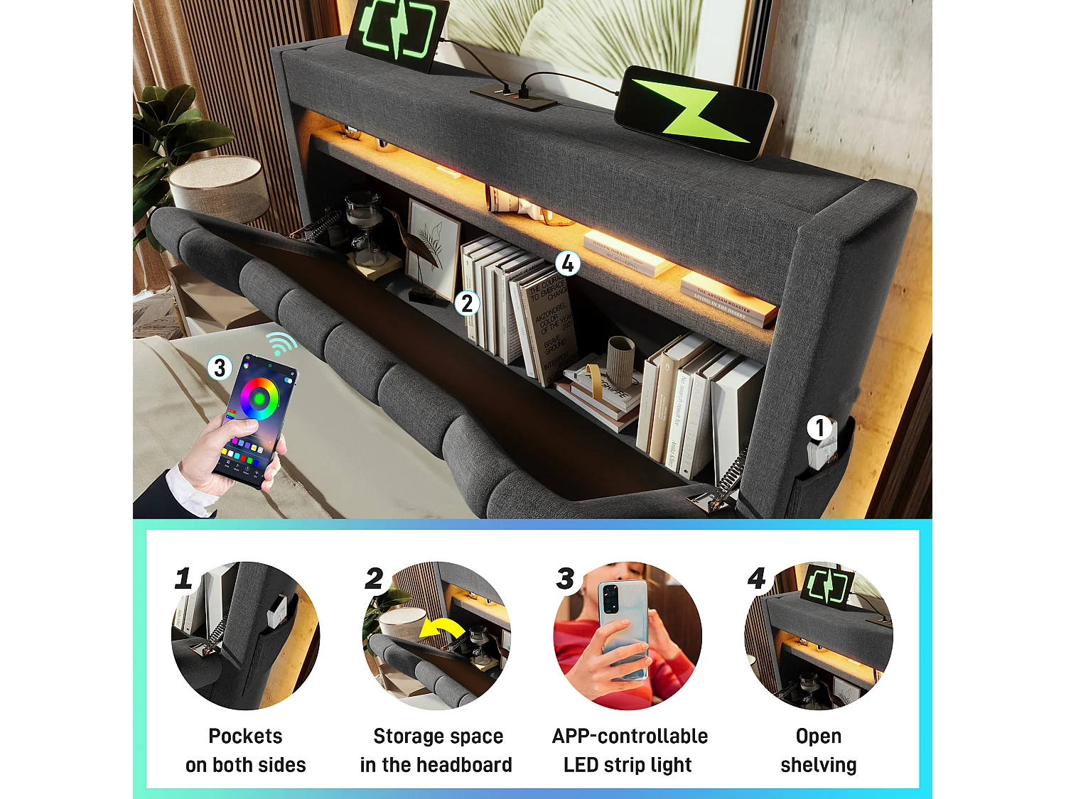 Lit coffre capitonné 90x200cm - avec LED - avec ports USB et Type-C - tissu en Lin - tête de lit avec espace de rangement - Gris