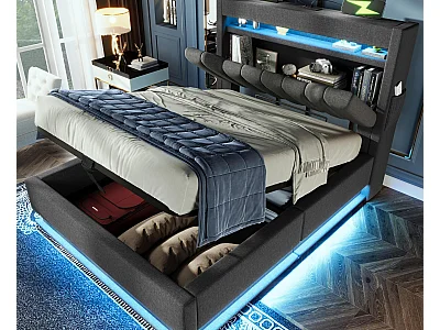 Letto con contenitore imbottito 90x200 cm - con LED - con porte USB e Type-C - Tessuto di lino - Testata con spazio di archiviazione - Grigio