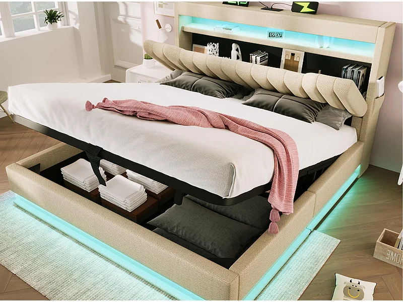 Cama tapizada con almacenaje 160x200 cm - con LED - con puertos USB y Type-C - Tela de lino - Cabecero con espacio de almacenamiento - Beige