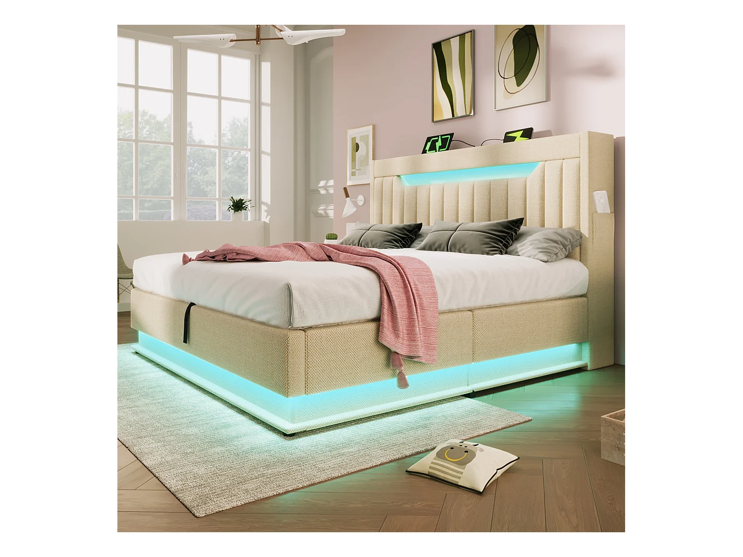 Lit coffre capitonné 160x200cm - avec LED - avec ports USB et Type-C - tissu en Lin - tête de lit avec espace de rangement - Beige