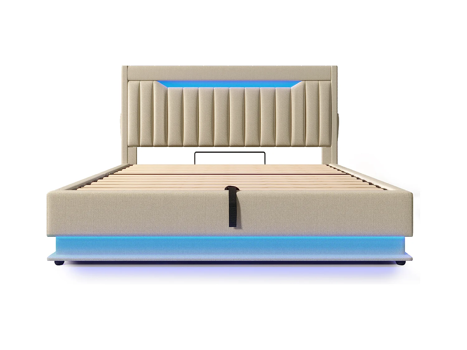 Lit coffre capitonné 160x200cm - avec LED - avec ports USB et Type-C - tissu en Lin - tête de lit avec espace de rangement - Beige