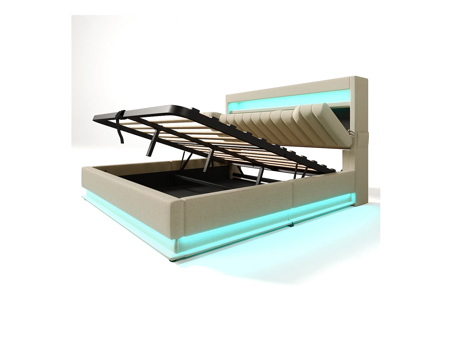 Lit coffre capitonné 160x200cm - avec LED - avec ports USB et Type-C - tissu en Lin - tête de lit avec espace de rangement - Beige
