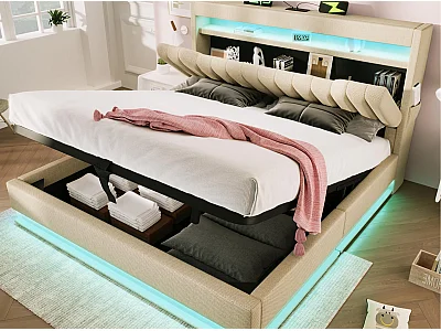 Gestoffeerd opbergbed 160x200 cm - met LED - met USB- en Type-C-poorten - Linnenstof - Hoofdeinde met opbergruimte - Beige