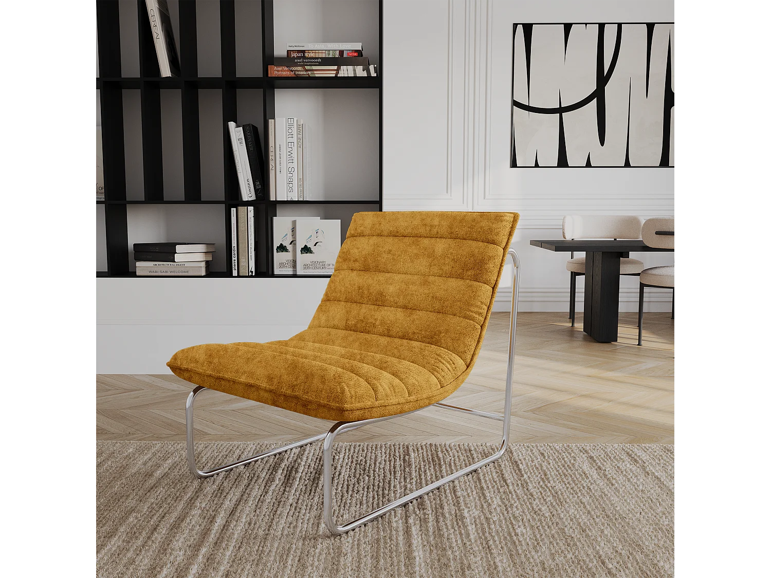 Fauteuil de salon velours texturé moutarde VINTY