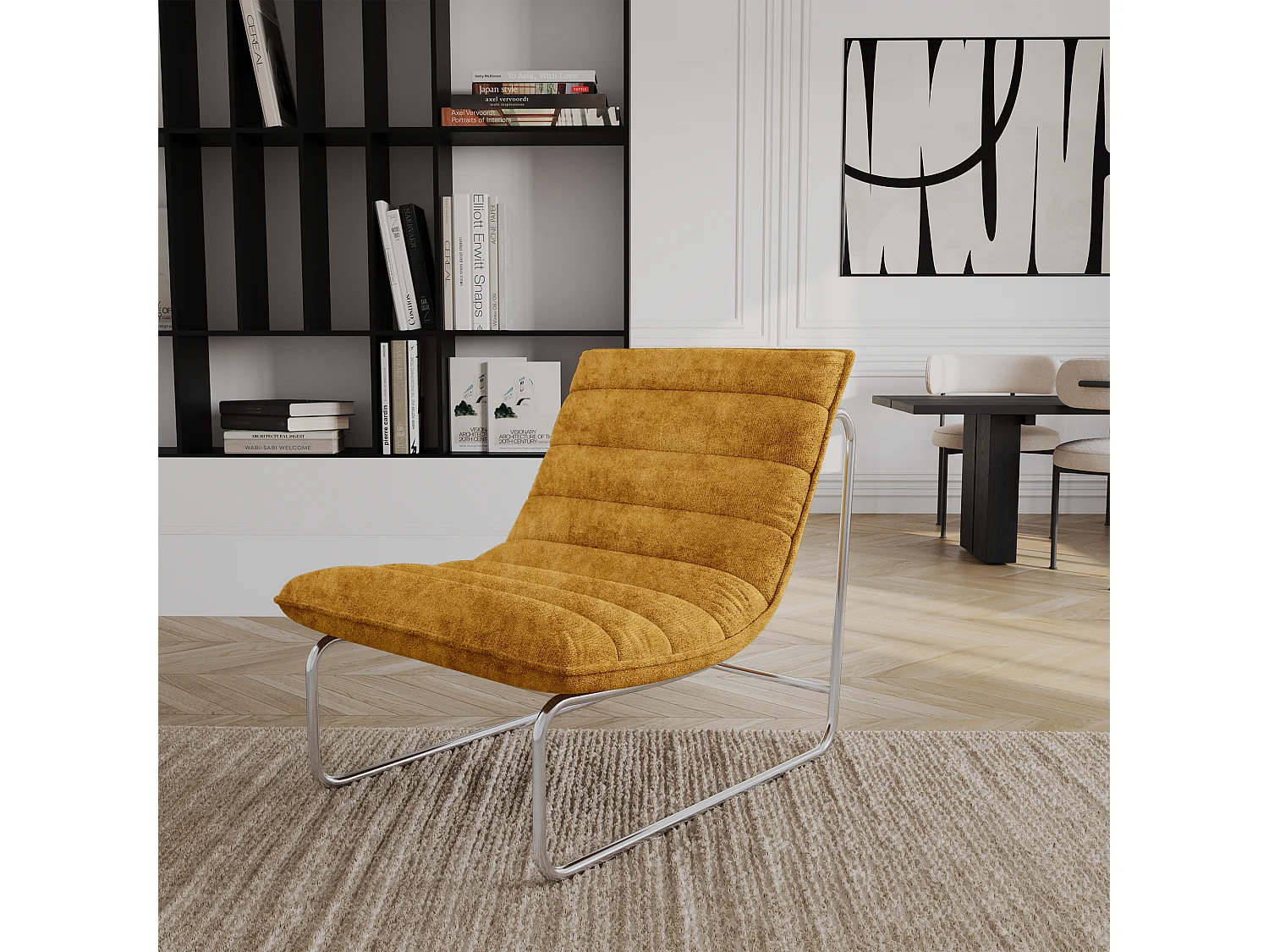 Fauteuil de salon velours texturé moutarde VINTY