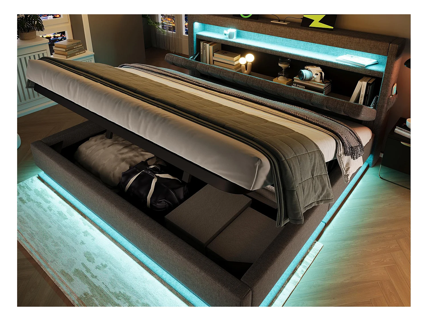 Lit coffre capitonné 160x200cm - avec LED - avec ports USB et Type-C - tissu en Lin - tête de lit avec espace de rangement - Gris